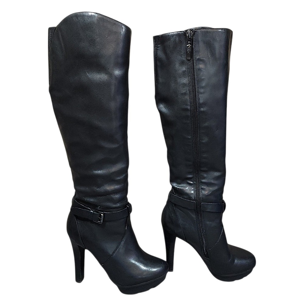 Guess Knee High Boots 6M Gwzala Black Leather Platform Stiletto Buckle Zip 4.5"